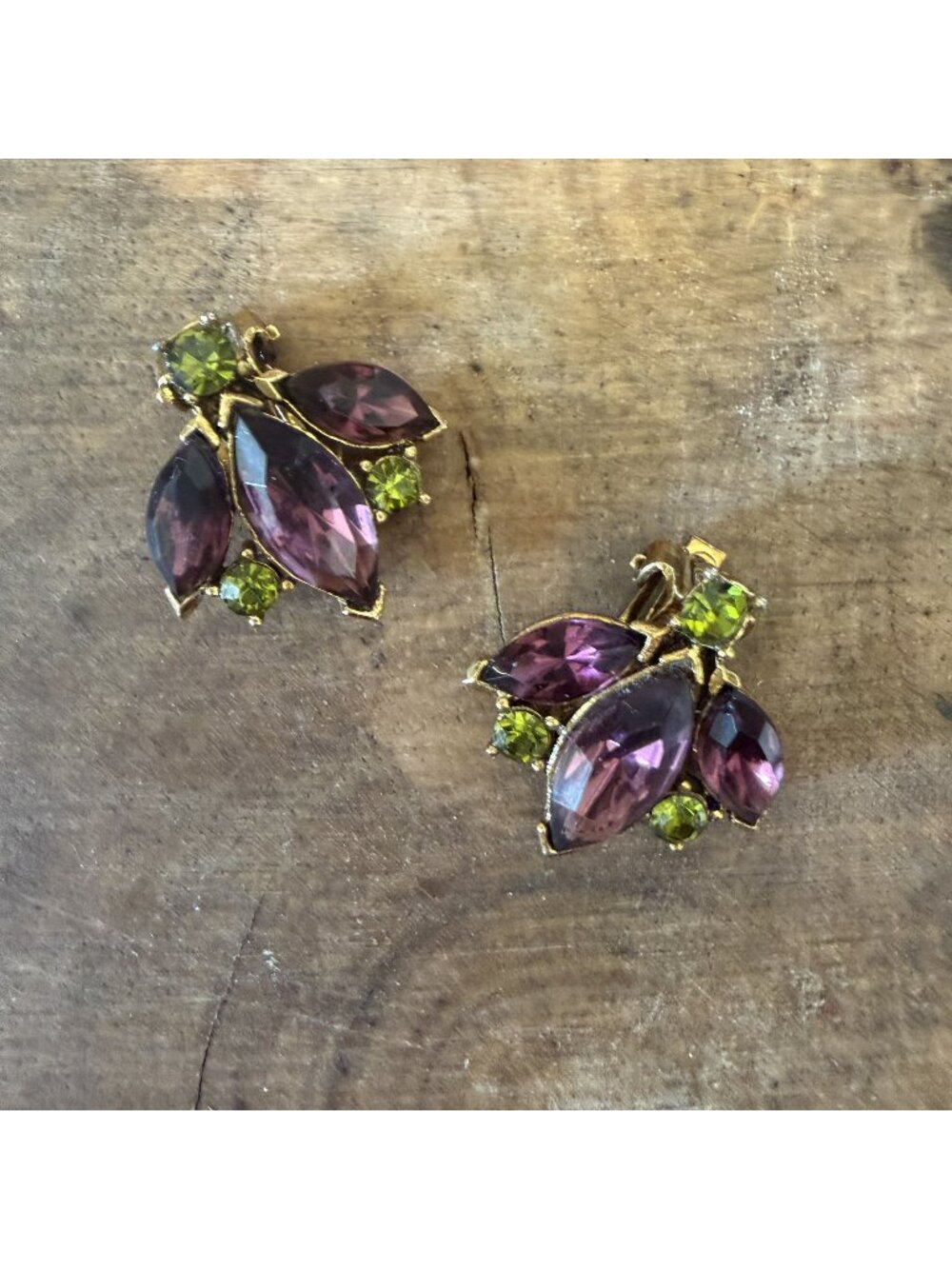 Vtg Clip-On Juliana Earrings Amethyst Green Rhinestones Delicate Floral Goldtone